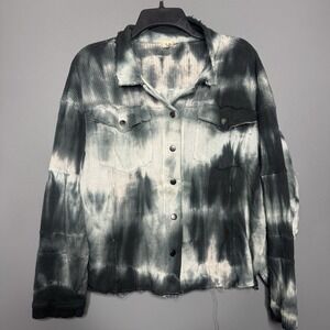 POL Knit Jacket Womens Large Navy Oversized Tie Dye Boxy Raw Front Hem Boho